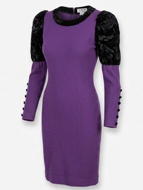 Vintage Cagli Made In Italy Purple Puff Velvet Sleeves Midi Dress Size M